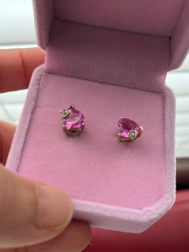 10K solid gold natural pink sapphire sweet heart stud earring - Picture 5 of 9
