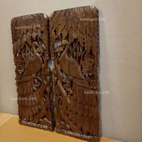 Pair of Lucky Peacock & Flower Wood Carving Panel Wall Decor Wall Art Hanging 14 - Picture 6 of 9