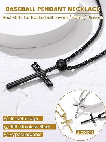 Collar Colgante Cruz de Bate de Béisbol de Acero Inoxidable Negro Plata Oro Cadena de 24 - Imagen 17 de 27