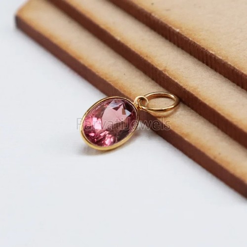 Pink Tourmaline Cut Gemstone Charm Solid 18k Gold Gift For Wife Charm Pendent - Picture 4 of 9