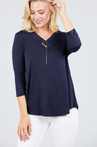 V-Neck T-shirts Rayon Spandex Flowy Top Button 3/4 Sleeve Loose Fit MT10978 - Picture 14 of 29