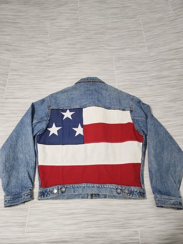 Vtg Gap Type 2 USA Flag Trucker Full-Zip Blue Jean Jacket Mens M - Picture 2 of 6