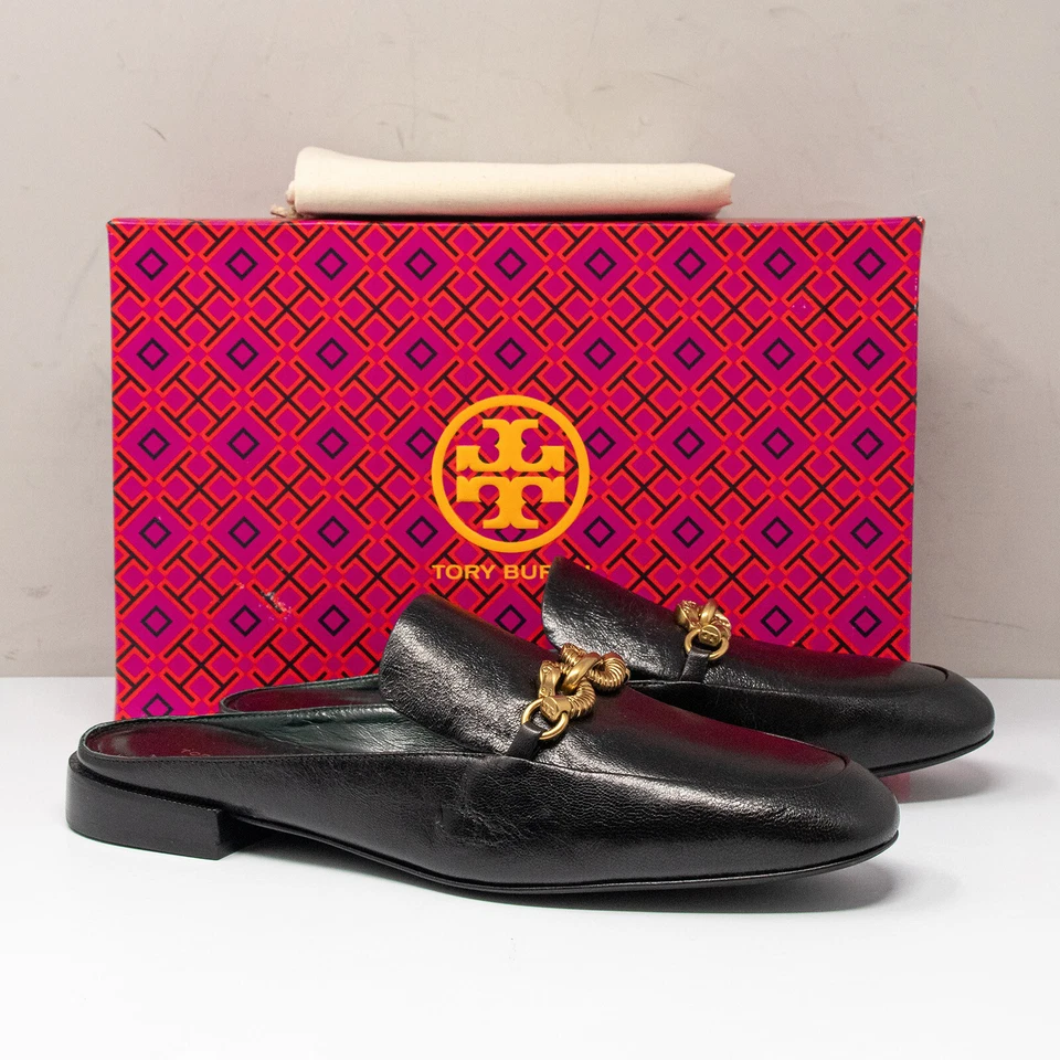 Mocasines Tory Burch Jessa Backless Cabeza de Caballo Hebilla Cuero Negro, Talla 9.5
