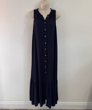 Ann Taylor LOFT Beach Maxi Shirt Dress XS Navy Blue Button Front Ruffle Nautical