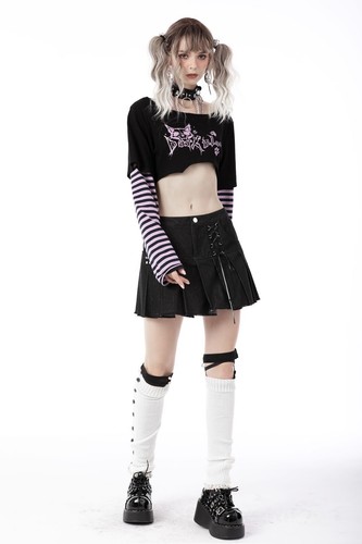 DARK IN LOVE Women Punk Gothic Sexy Cat Pattern Stripe Sleeves Crop Top T-Shirt - Picture 8 of 19