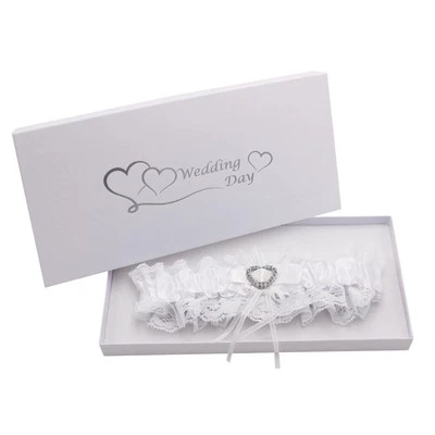 Boxed Wedding Day Garter White Satin with White Lace and Diamante Heart - Image 1 of 4