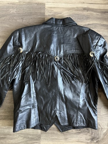 Vintage Leather Western Jacket Womens 10 Black Gold Fringed Biker Moto Goth - Picture 16 of 17
