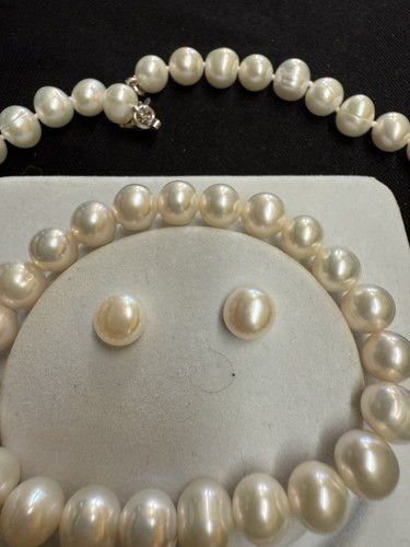 Belle De Mer Freshwater Pearl Sterling Clasp Necklace Earrings Bracelet Set - Picture 6 of 8