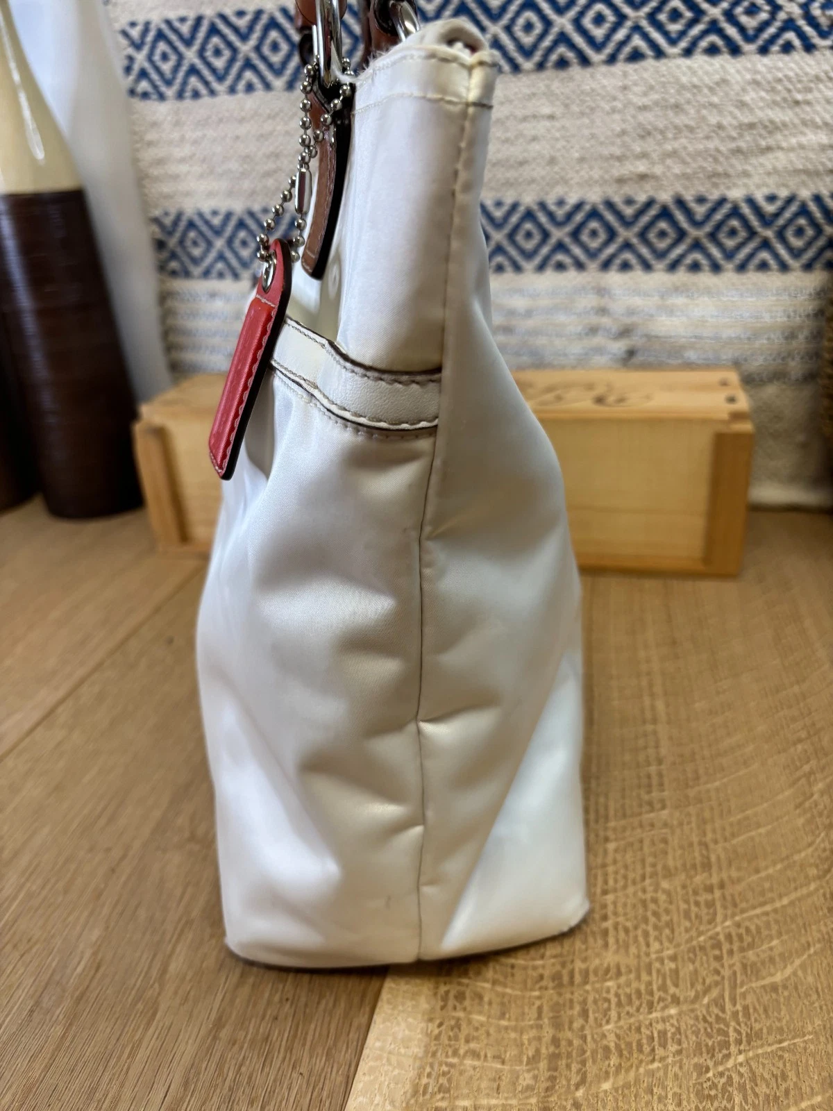 Borsa Coach Park bianca arancione nylon bordo pelle doppio manico chiusura cerniera tote bag