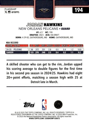 2025-26 Topps NBA Base #194 Jordan Hawkins New Orleans Pelicans - Imagen 2 de 2