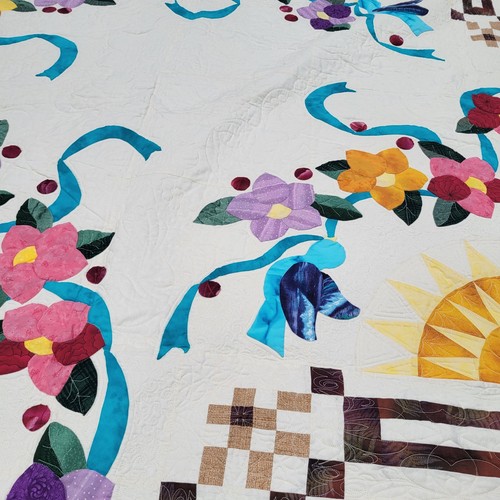VTG Handmade Quilt Floral Ribbons Blooms Birds Applewood Ferrier 93.5"x 91.5" - Picture 4 of 15