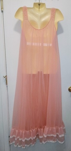 NEW VTG Miss Elaine M Pink Nightgown Sheer Chiffon Lace Long Sheer Full swing - Picture 13 of 19
