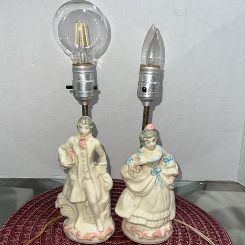 2-Vintage Porcelain Victorian Couple Figural Lamps Pair Tested And Work - Picture 2 of 9