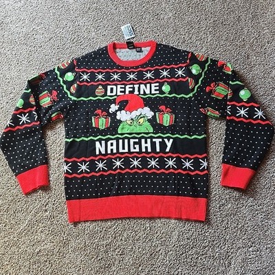 Dr. Seuss The Grinch Ugly Christmas Sweater, Men s Sz Small  Define Naughty  NWT