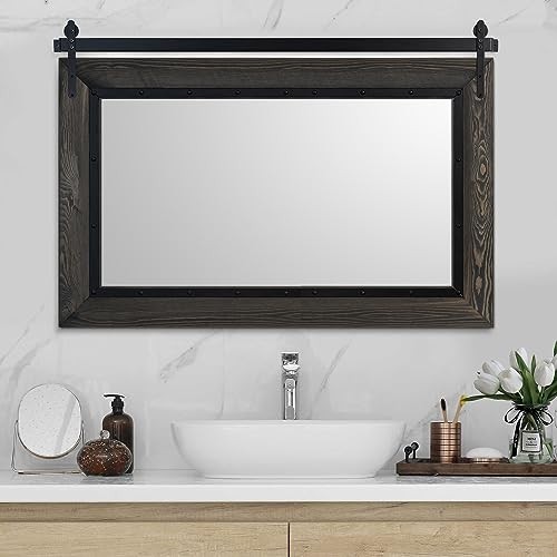 Farmhouse Barn Door Mirror, 40"x26" Rustic Bathroom Mirror, Wood Frame Wall - Picture 2 of 7