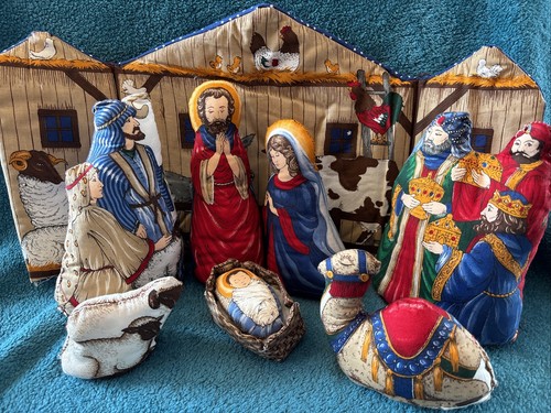 Hand Sewn Plush Nativity Set of 8 Manger Scene Cradle Hymn Stable Background #MM - Picture 1 of 22