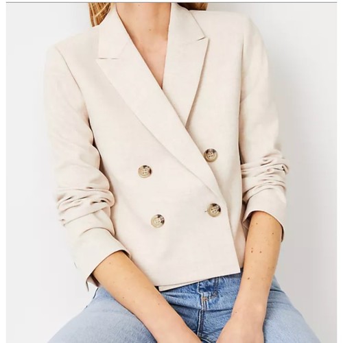 Ann Taylor Cream Blazer Notch Lapel Double Breast Cropped Corpcore Summer Sz 12 - Picture 5 of 12