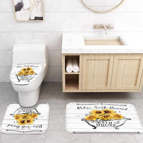 4 Pcs Sunflower Shower Curtain Farmhouse Floral Bathroom Sets with Shower Cur... - Picture 5 of 7