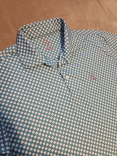 Rhoback mens polo shirt MEDIUM Turquoise White check (pink logo) short sleeve