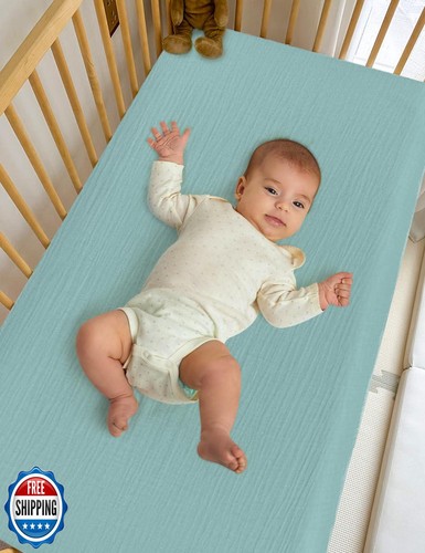 ZURLEFY Musselin Baumwolle Babybettlaken Junge, neutral hellblau Gitterbettlaken für - Bild 2 von 5