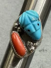Vintage Frog Ring Turquoise Coral Navajo size 11 sterling silver Signed By JJ