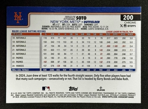 2025 Topps Chrome #200 LOGOFRACTOR BLUE /150 Juan Soto Mets NM-MT Read Desc - Bild 2 von 6
