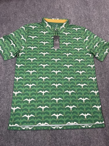 Oahu Golf Polo Shirt Large Green White Bird Print UPF 50+ Performance Mens New