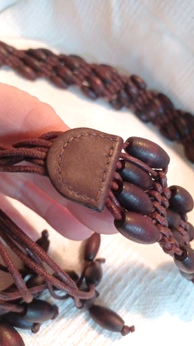 VTG BOHEMIAN WOODEN BEADED KNOTTED LEATHER w/LONG HANGING BEADS-50"L x 1.5"W - Picture 6 of 8