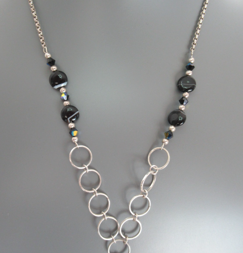 STERLING SILVER, Agate, Crystal BEADS NECKLACE PENDANT Statement Necklace, 17" L - Picture 2 of 8