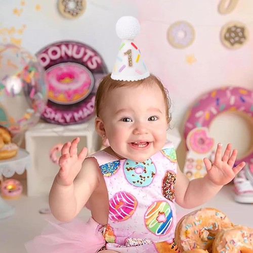 Donut First Birthday Hat - Sweet Girl Party Decorations, Yellow Glitter Cone... - Picture 3 of 8