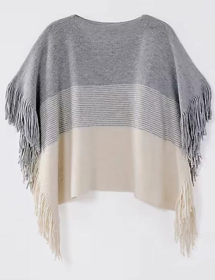 NWT J Jill Wearever Knit-Fringe Poncho Stripe Grey /Oatmeal Heather SZ XL-3 X