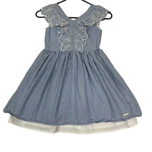 Tahari Dress Girls 6X Blue and White Pinstripe Ruffle Eyelet Embroidered