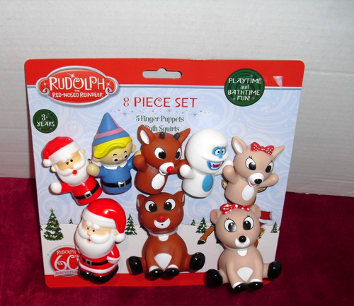Rudolph the Red-Nosed Reindeer 8 Piece Set 5 Finger Puppets 3 Bath Squirts - Picture 2 of 3