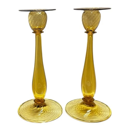 Signed Pair Steuben Amber Candlesticks 10” Carder 1920s Spiral Rib Glass