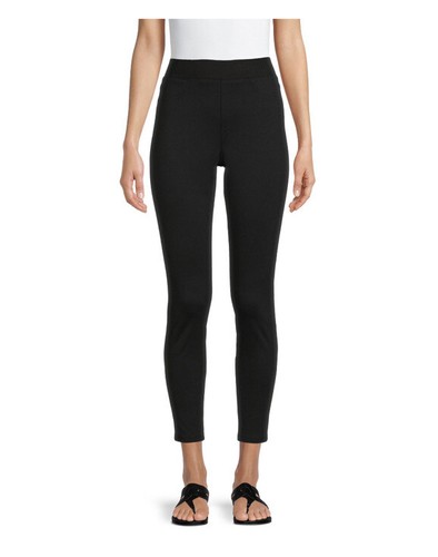 30" WAIST JUNIORS' SKINNY FIT MID RISE RIBBED WAISTBAND PONTE JEGGINGS - BLACK - Picture 2 of 5