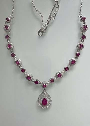 925 Sterling Silver Ruby 6x4mm Natural Gemstone Chain Necklace 17" - Picture 2 of 6