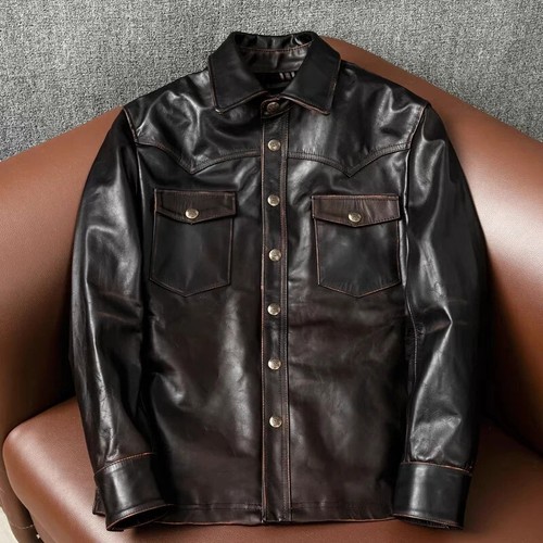 Men's Western Genuine Handmade Teacore Horsehide Leather Button Up Shirt Jacket