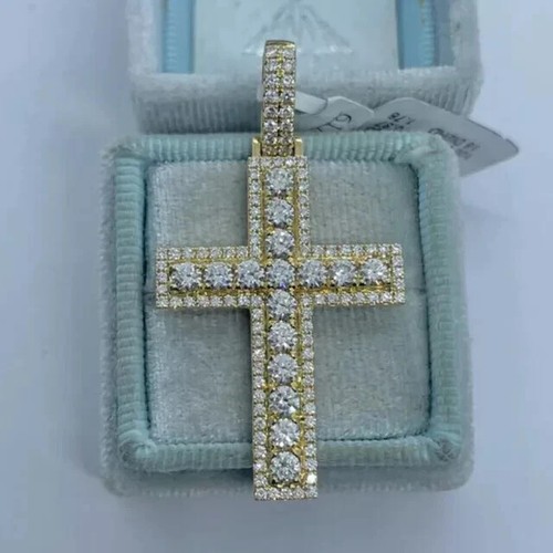 3.00 Ct Round Cut Moissanite Cross Men's Pendant 14K Yellow Gold Plated Silver - Picture 6 of 8