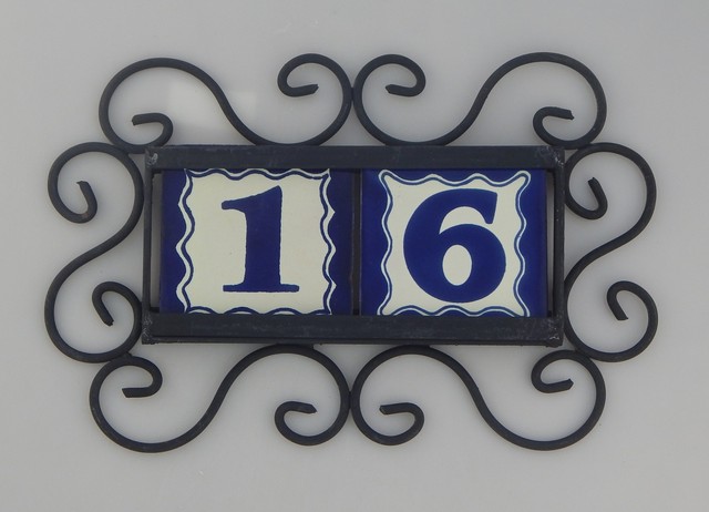 4 BLUE Mexican Ceramic Number Tiles /& Horizontal Iron Frame