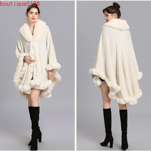 Faux Rabbit Fur Cape Women V-neck Full Trim Fur Knitted Cloak Overcoat Parkas - Picture 8 of 21