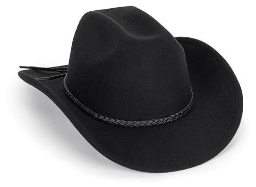 Classic Black Western Felt Roll Up Brim Cowboy and 7-7 1/4 Black With Rope - Picture 7 of 7