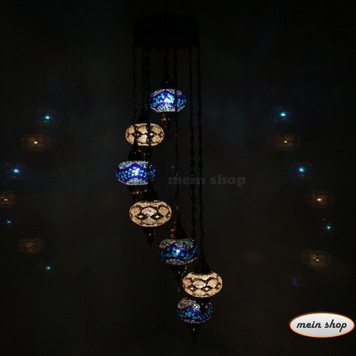 Hängelampe Deckenlampe Orientalische Türkei Mosaiklampe 7 L Kugeln Weiß Blau - Bild 4 von 5
