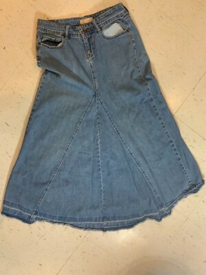 Personal Identity Denim Jean Skirt Size 3/4 Midi Retro  DISTRESSED Raw Edge Blue