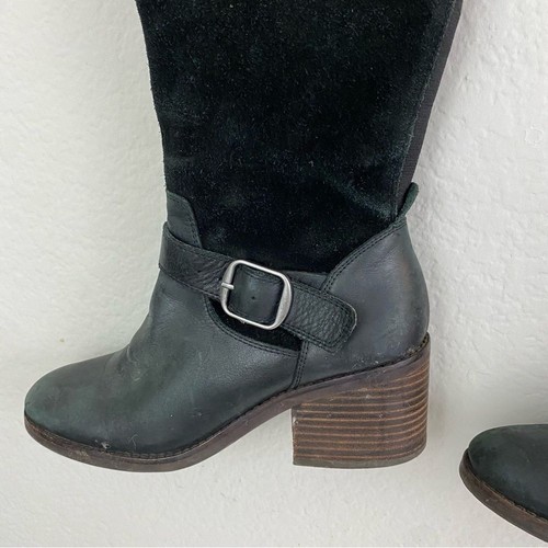 Lucky Brand Black Leather Knee High Boots Faux Suede Shafts Buckle Accent 7M - Picture 4 of 12
