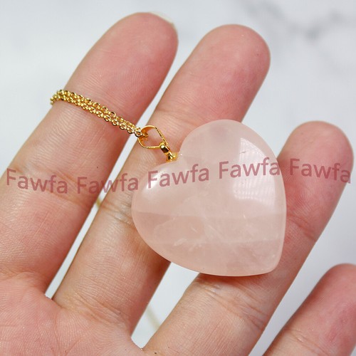 Natural 20mm Pink Rose Quartz Gemstone Heart Pendant Necklace Gold Plated Chain - Picture 3 of 6