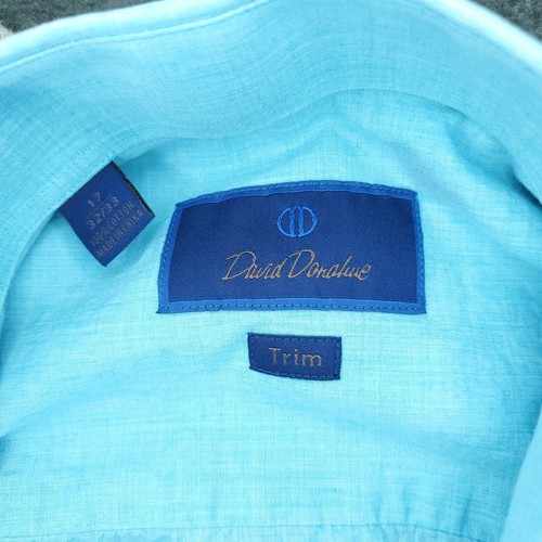 David Donahue Dress Shirt Mens 17 32/33 Aqua Blue Teal Trim Button Cotton Solid - Picture 4 of 12