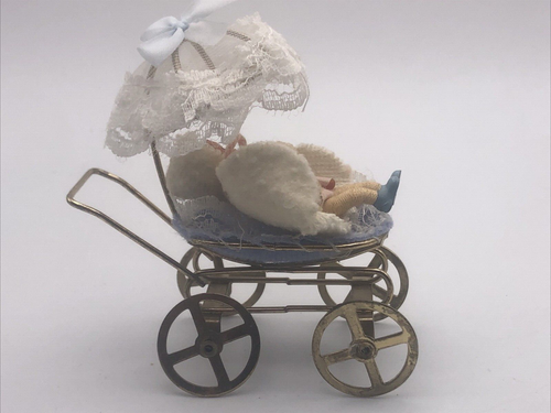 Lot of 2 Dollhouse Wire Metal Stroller White & Gold Baby Carriage Pram w/ Doll - Picture 13 of 17