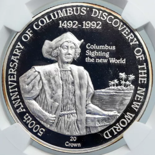1991 TURKS AND CAICOS Columbus EXPLORATION OLD Silver 20 Crown Coin NGC i89098