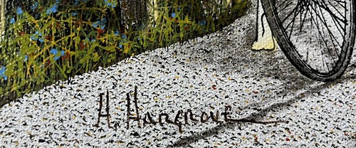 H. Hargrove Signed Painting Serigraph "Puppy Love Boy Girl Bicycle" Framed Oil  - Picture 3 of 4