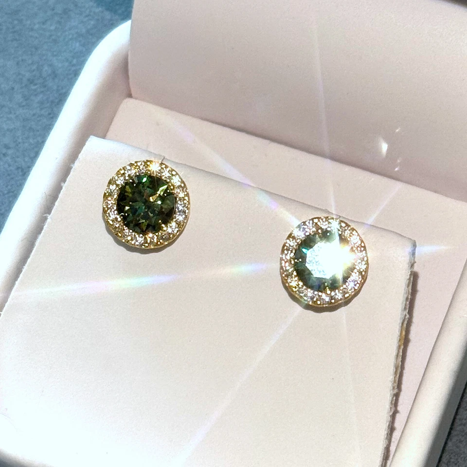 Серьги-гвоздики с зеленым муассанитом гало 2,00 карата - серебро 925 пробы - Изображение 2 из 4